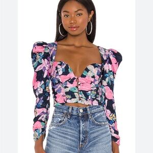 FOR LOVE & LEMONS Penny Blouse in Navy Floral Long Sleeve Top Revolve Medium